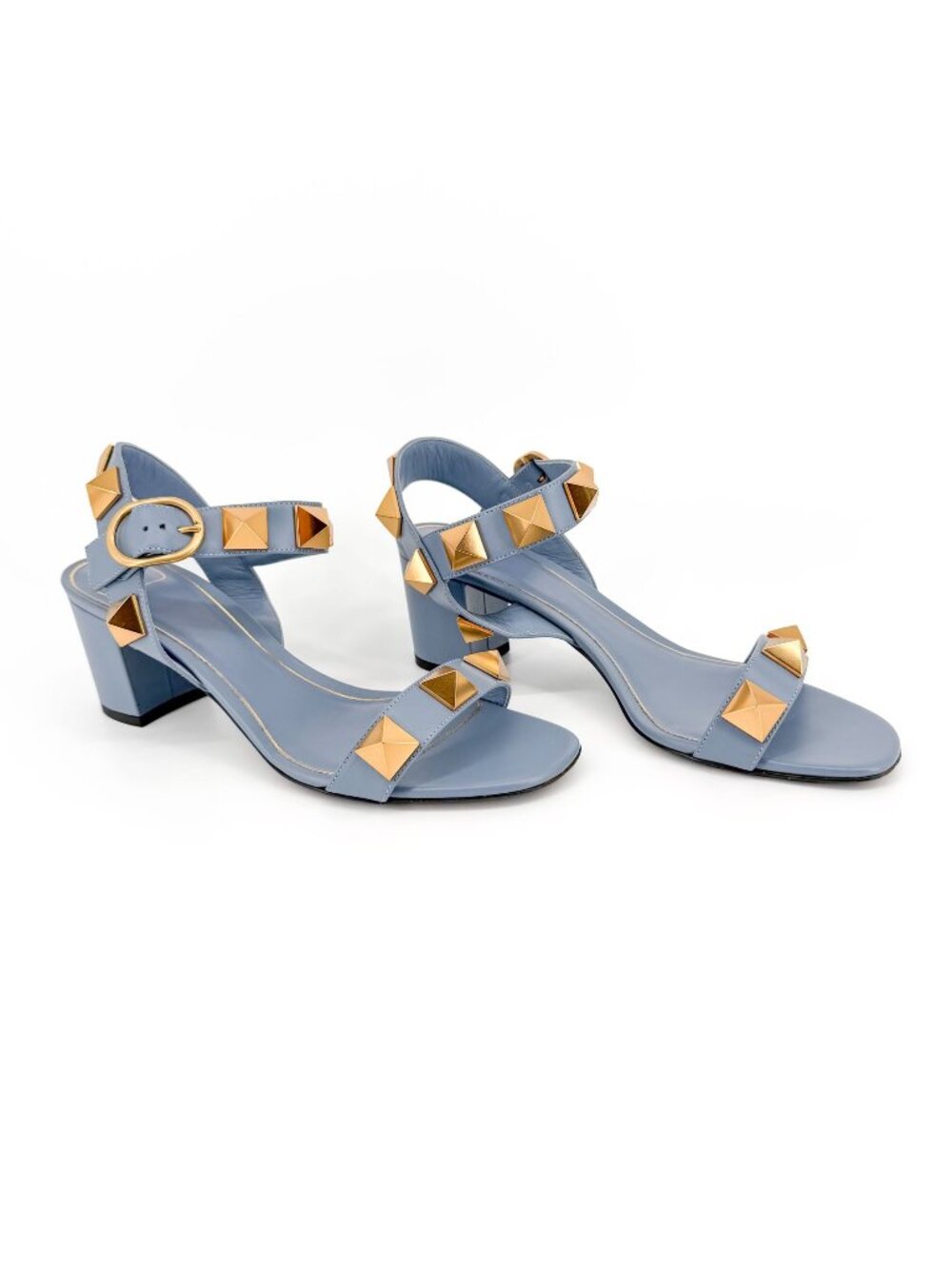 Valentino Garavani Roman Stud Block Heel Sandals Blue Leather Size 39 US 9